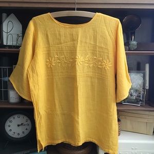 Yellow Linen Embroidered Top | S
